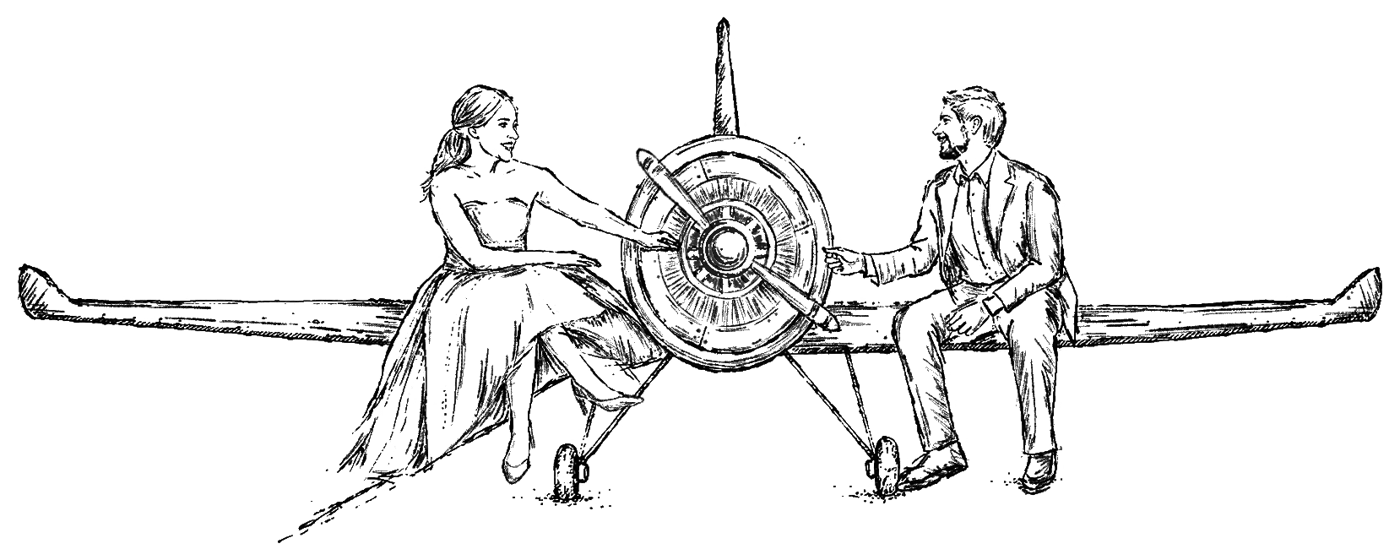 Ilustración de Gabriela y Eduardo sentados en el ala de una avioneta